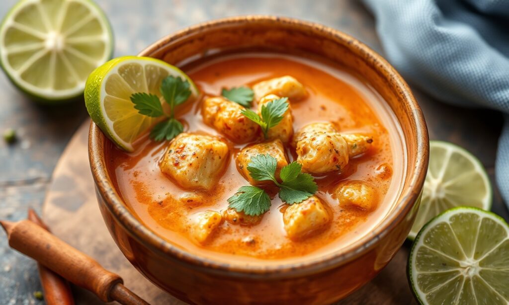 Zesty spicy chicken lime soup, tangy flavor burst.