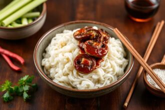 Savory hoisin mushrooms on rice noodles.
