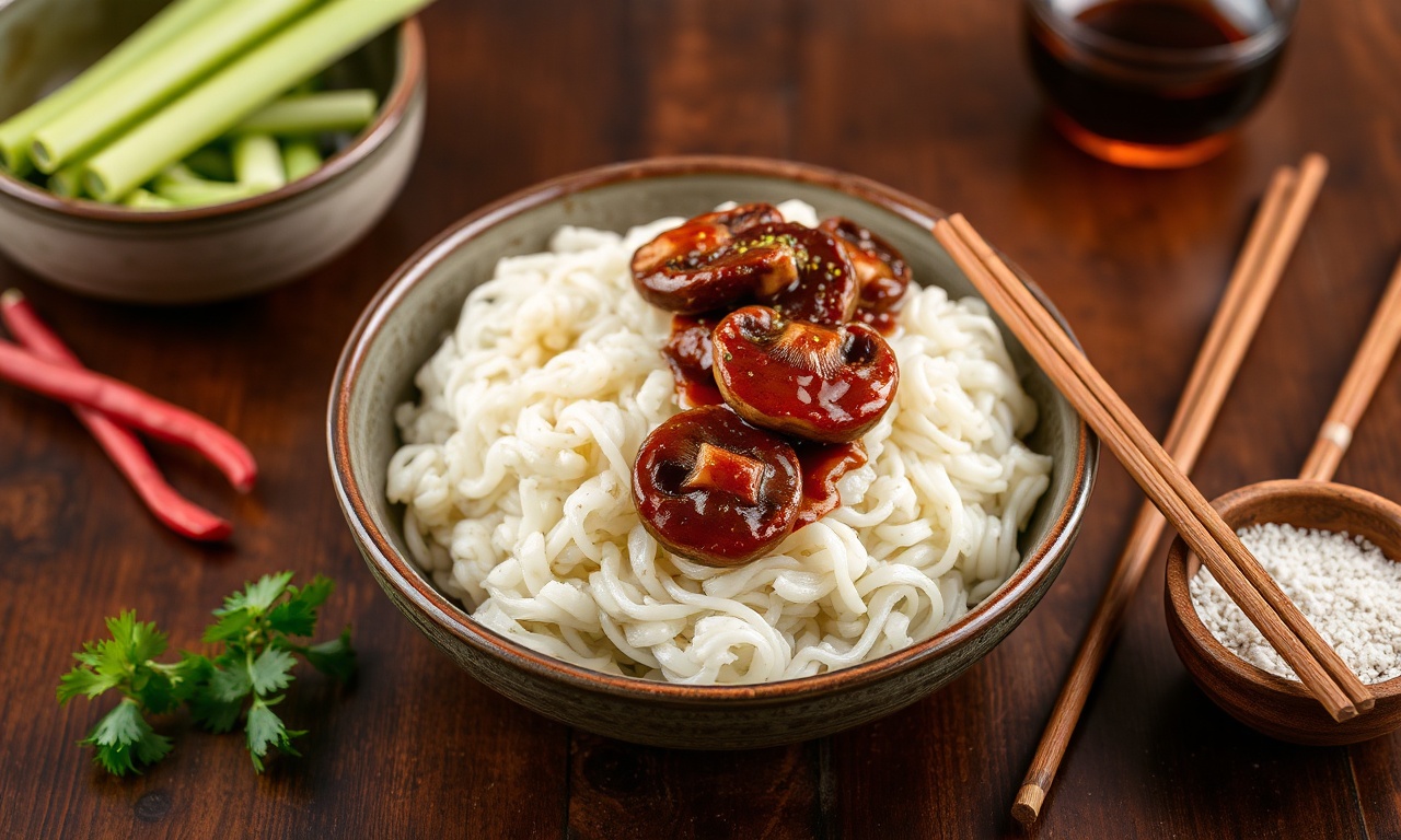 Savory hoisin mushrooms on rice noodles.