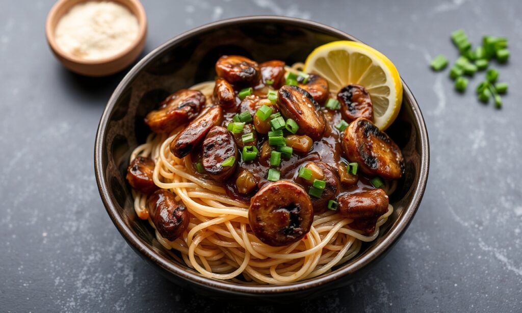 Savory hoisin glazed mushrooms atop rice noodles, a delicious vegan meal.
