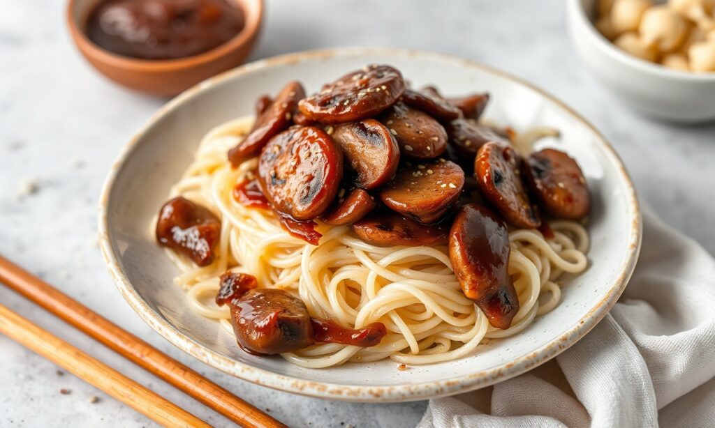 Savory Hoisin mushrooms with rice noodles, a simple culinary delight.