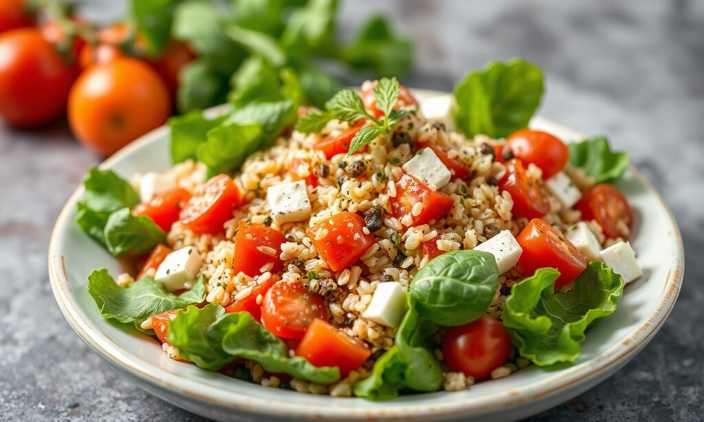 Mediterranean magic: Fresh Greek quinoa salad with quality ingredients.