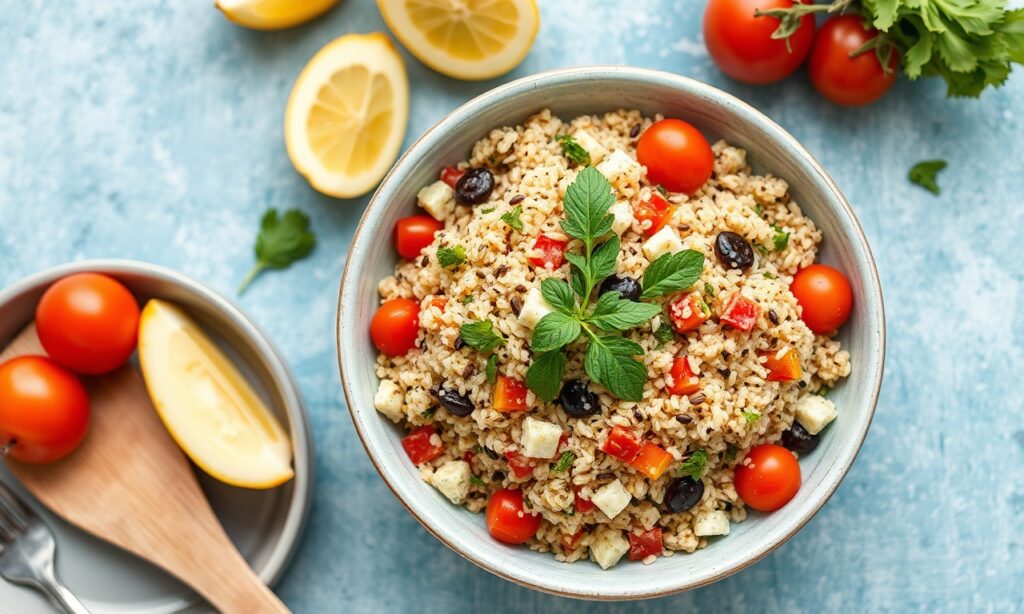 Mediterranean Magic: Vibrant Greek quinoa salad bursts with fresh flavors.