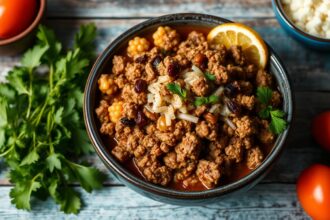 Cuban picadillo: savory ground beef with tropical flavors.