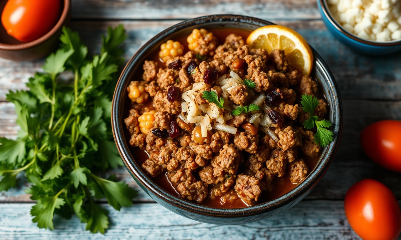 Cuban picadillo: savory ground beef with tropical flavors.
