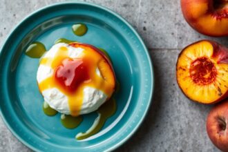 Creamy burrata with grilled peaches and spicy hot honey drizzle.