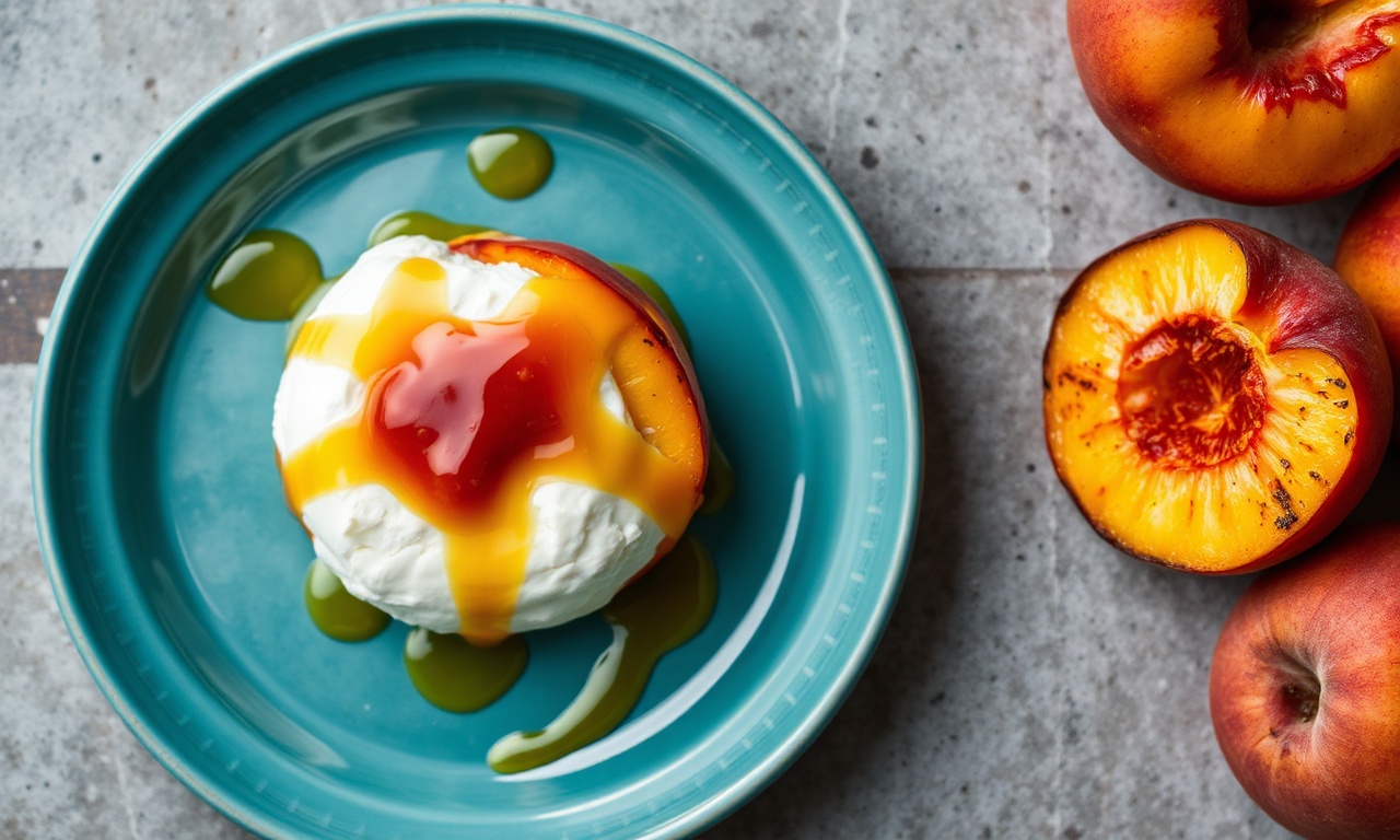 Creamy burrata with grilled peaches and spicy hot honey drizzle.