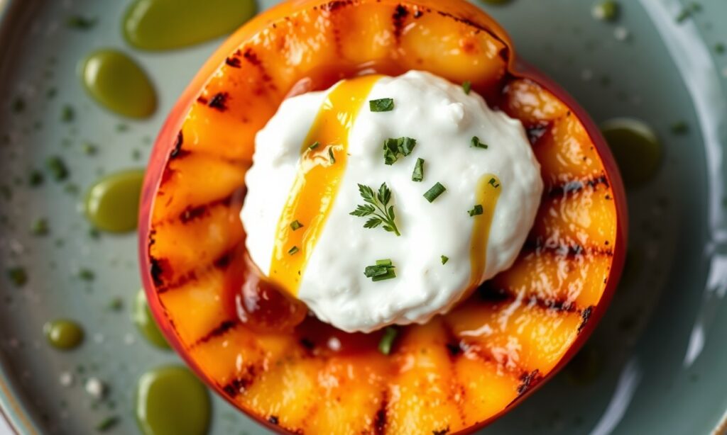 Creamy burrata with grilled peaches and hot honey drizzle.