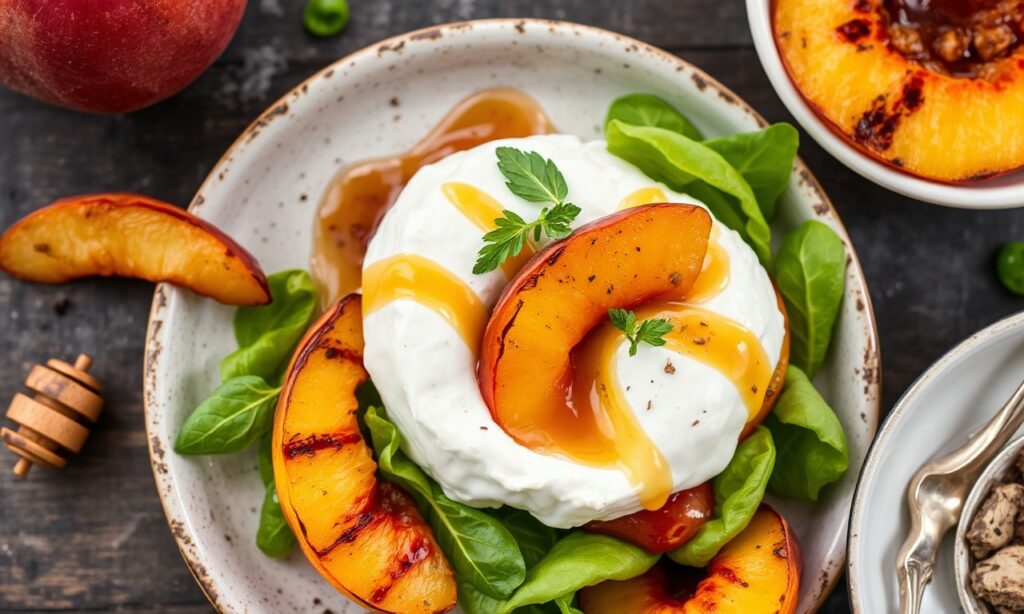 Creamy burrata with grilled peaches and hot honey drizzle.