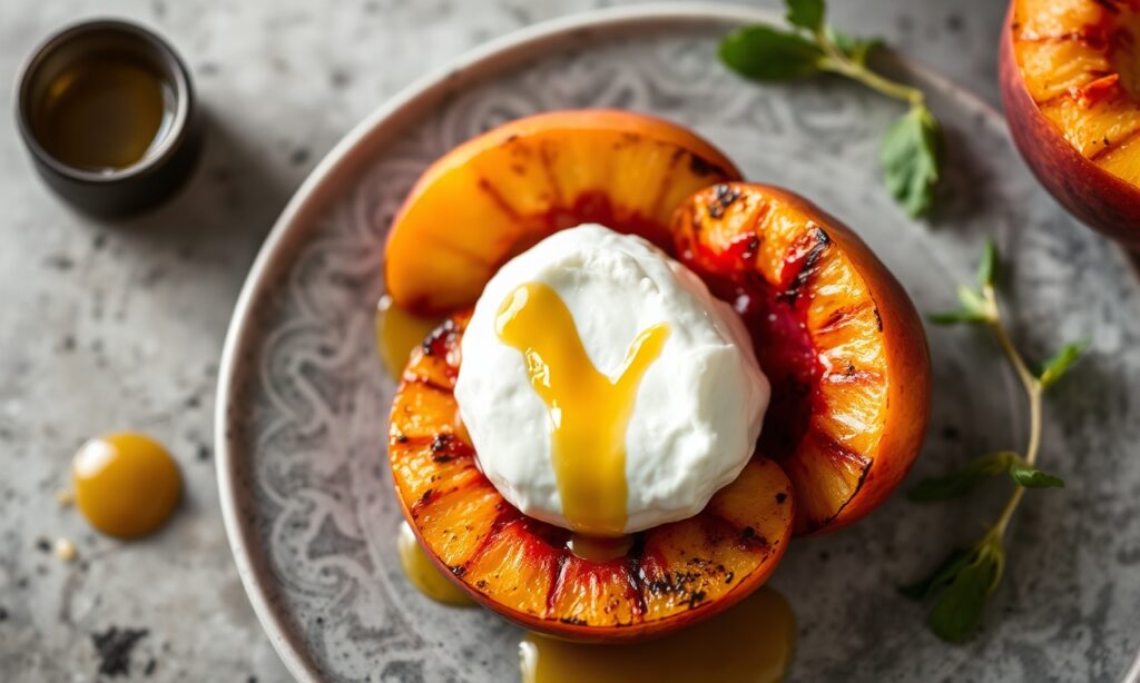 Creamy burrata with grilled peaches and hot honey drizzle.