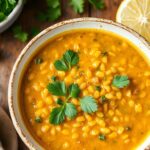 Zesty lentil soup with vibrant lemon and fresh herbs for flavor.
