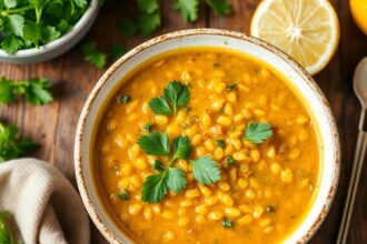 Zesty lentil soup with vibrant lemon and fresh herbs for flavor.