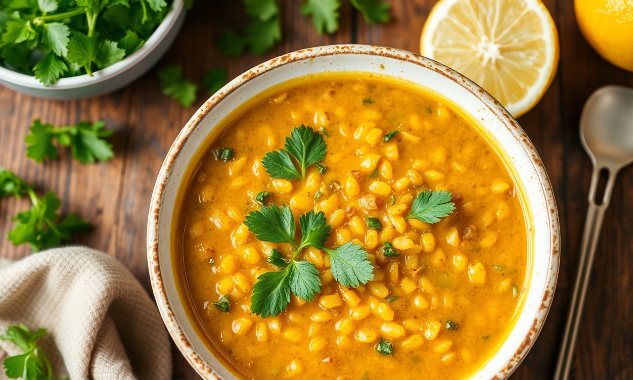 Zesty lentil soup with vibrant lemon and fresh herbs for flavor.