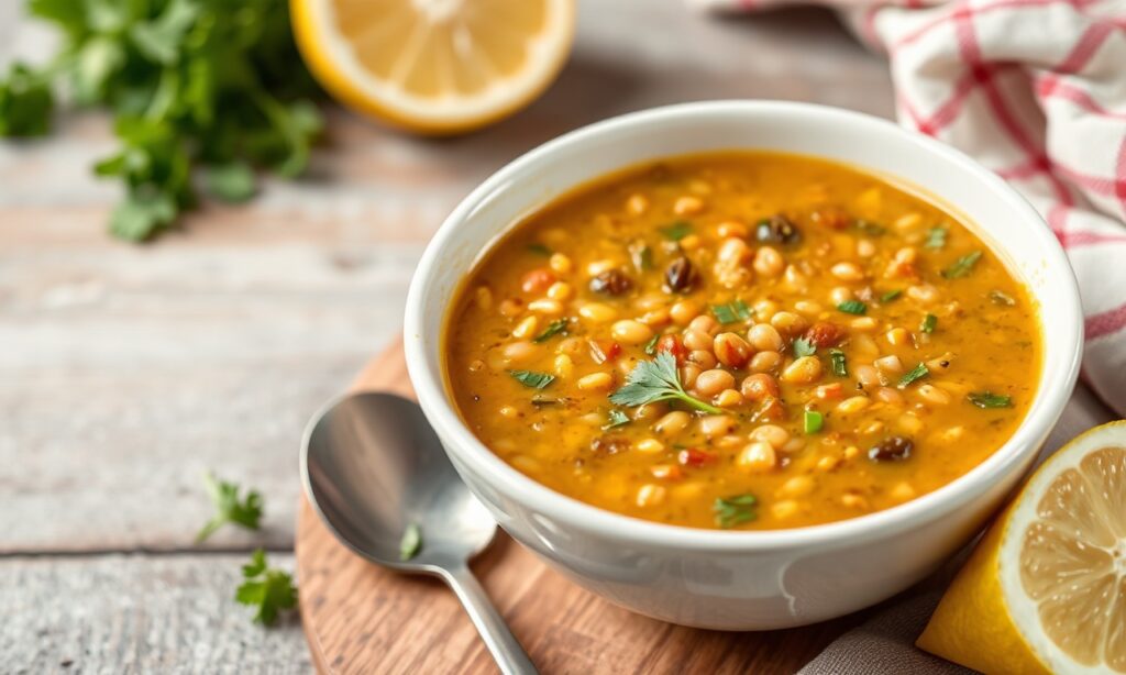 Zesty lentil soup brightened with lemon and fresh herbs.