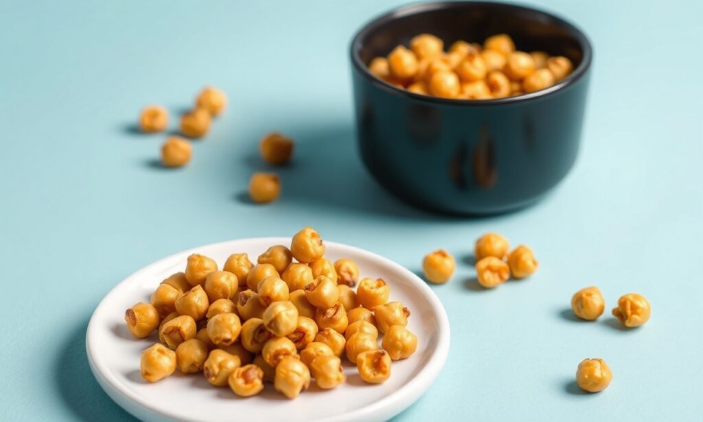 Crispy roasted chickpeas, golden and crunchy delight, perfect snack.