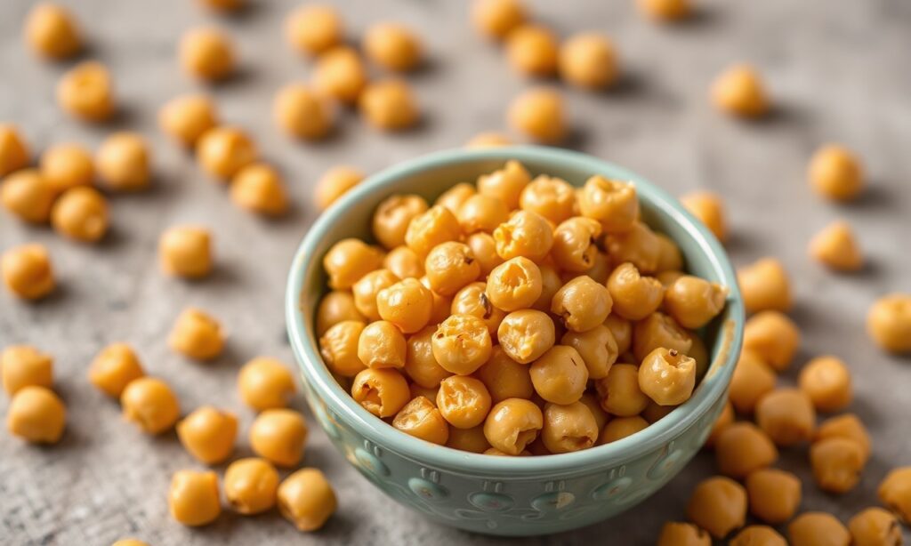 Crispy roasted chickpeas: golden, crunchy snack delight.