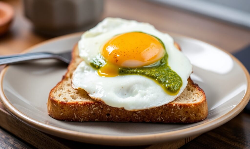 Elevate breakfast: Pesto eggs on sourdough toast.