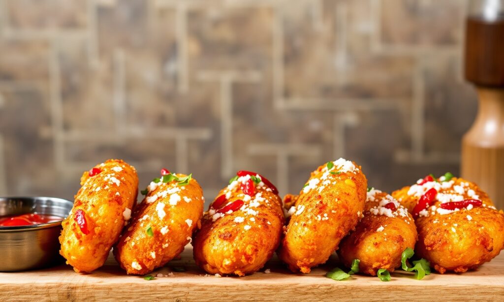 Crispy spicy crab and corn fritters, delicious flavor twist.