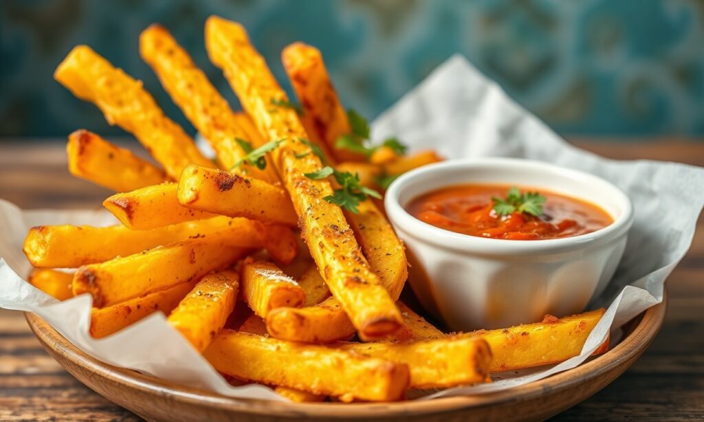 Golden polenta fries with zesty marinara dip, a delicious side.