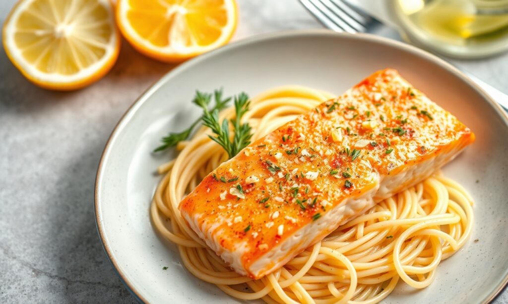 Zesty salmon piccata, a citrus-kissed seafood delight.