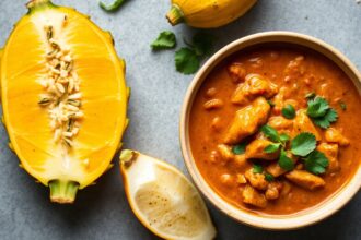 Savory jackfruit curry, a tropical twist on comfort food.