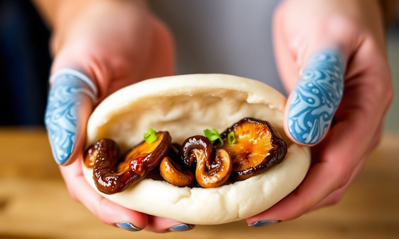 Gua bao with delicious hoisin-glazed mushrooms.