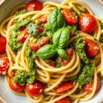 Bright fresh pesto pasta with juicy cherry tomatoes.