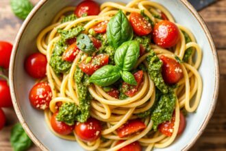 Bright fresh pesto pasta with juicy cherry tomatoes.