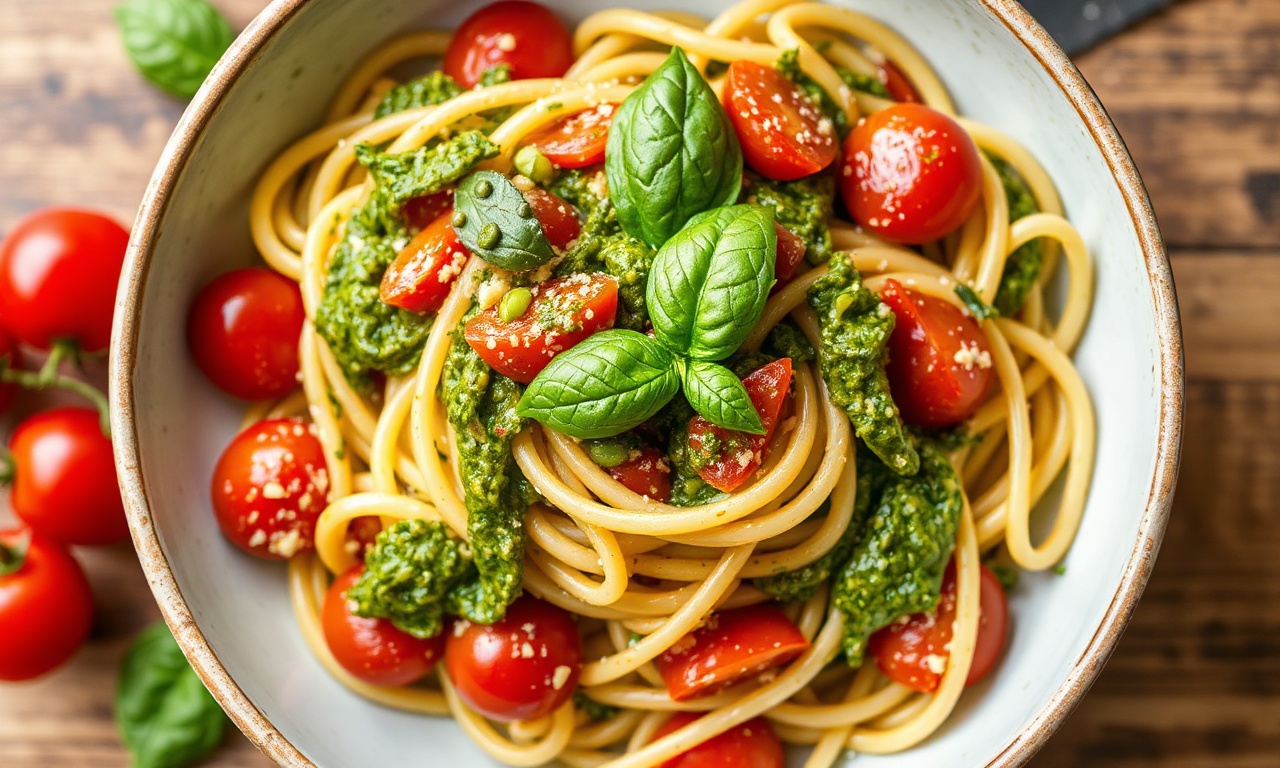 Bright fresh pesto pasta with juicy cherry tomatoes.