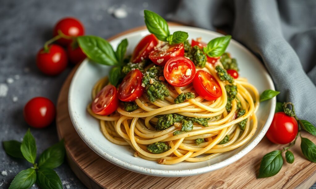 Bright fresh pesto pasta with juicy cherry tomatoes, delicious and easy.