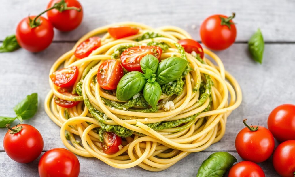 Bright fresh pesto pasta with juicy cherry tomatoes.