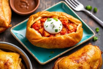 Samosa-stuffed baked potatoes: a fusion comfort food.