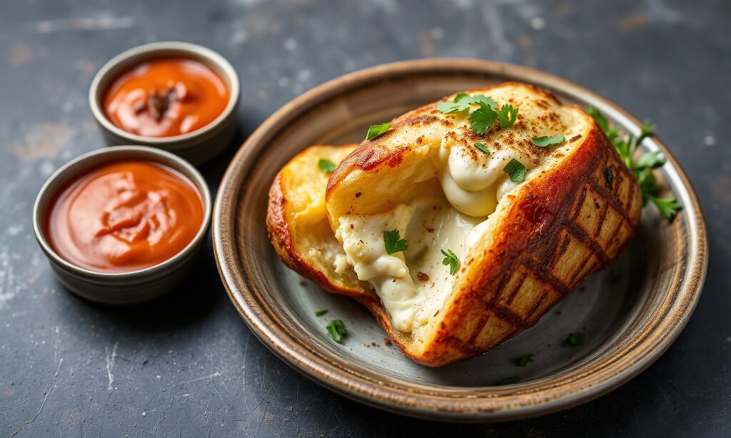Samosa-stuffed baked potato: A delicious fusion comfort food feast.