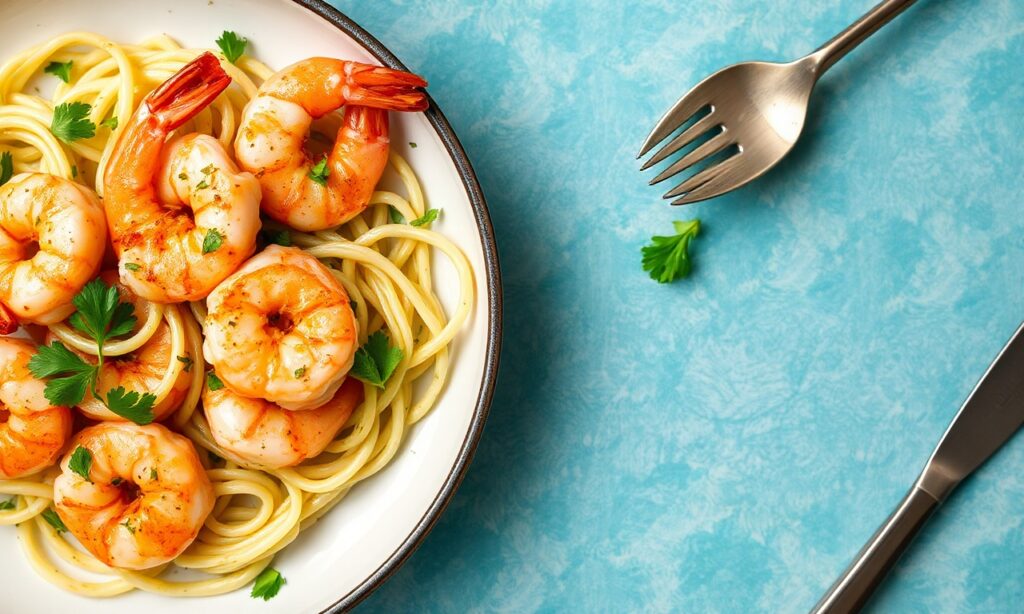 Zesty garlic shrimp with zoodles, a fresh and healthy dinner recipe.