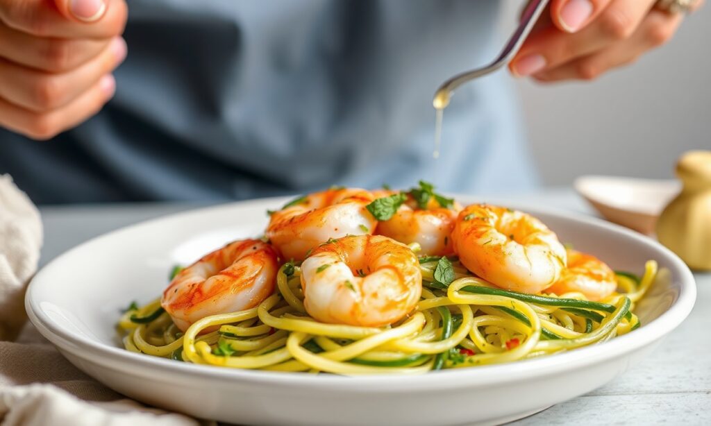 Zesty garlic shrimp with zoodles, a fresh and wholesome dinner.