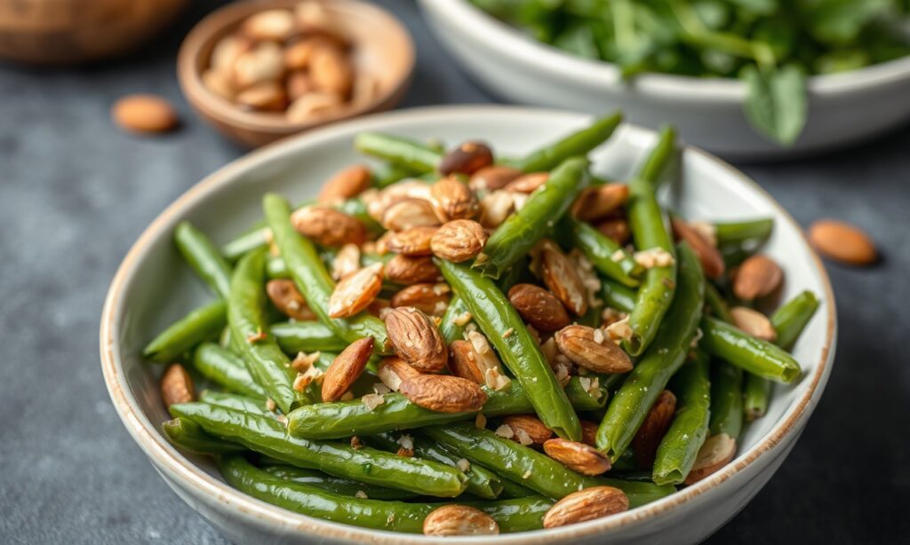 Crunchy elegance: Sautéed green beans with toasted almonds, a quick, flavorful side.