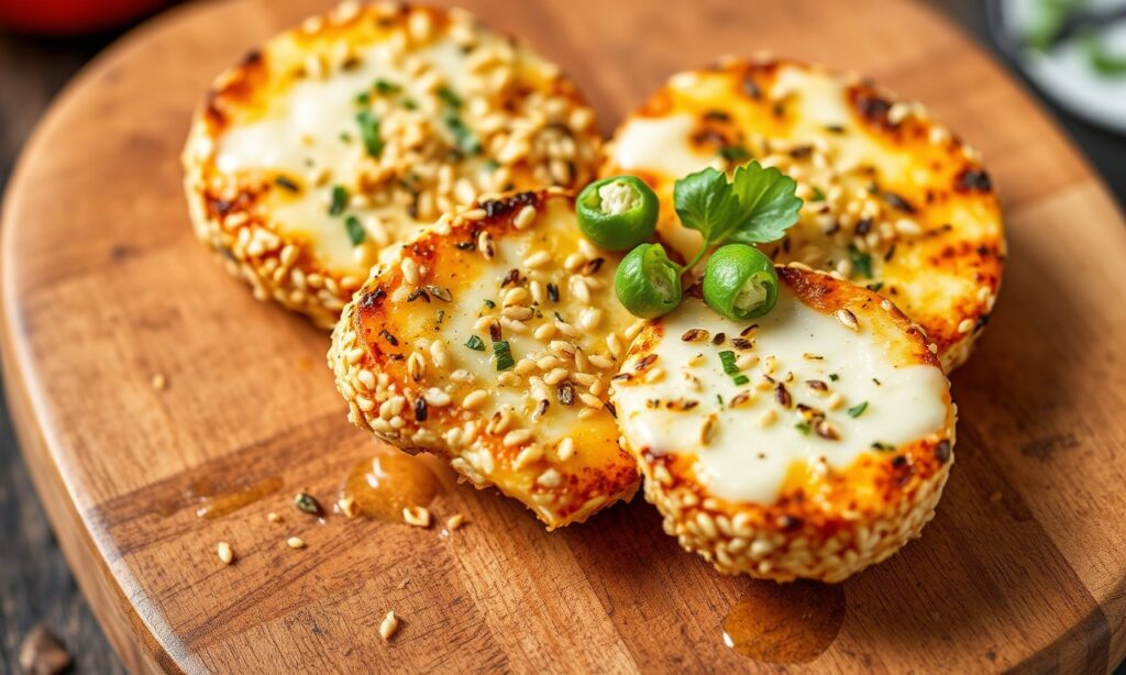 Crunchy sesame-crusted halloumi, a delightful texture and taste sensation.