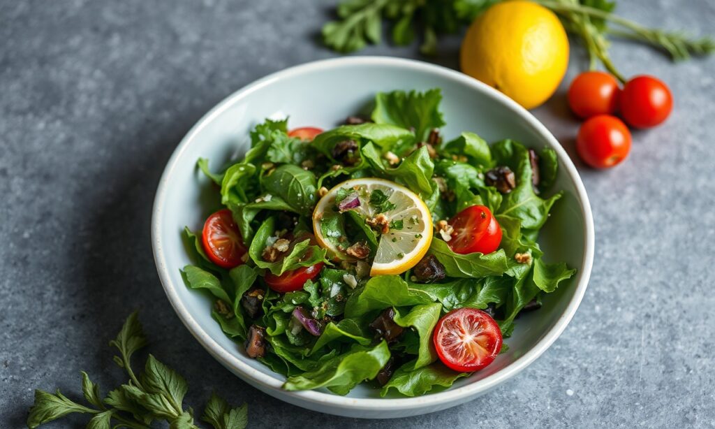 Brighten plate with fresh green salad and zesty lemon vinaigrette.
