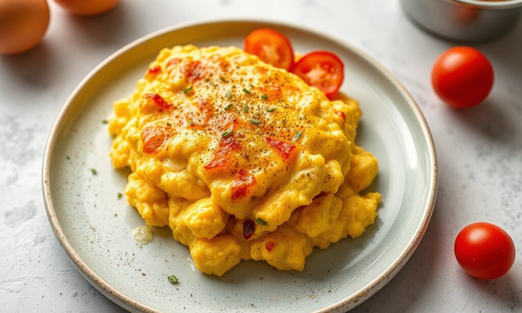 Dreamy cheesy scrambled eggs: fluffy, rich, and indulgent breakfast perfection.