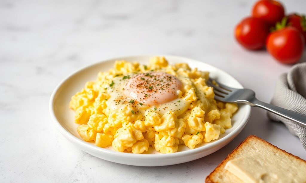 Dreamy cheesy scrambled eggs, velvety, rich, and indulgent breakfast.