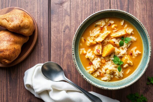 Warm up with hearty curried chicken rice soup bowl.