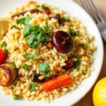 Brighten plate with lemon herb orzo and roasted vegetables.