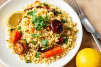 Brighten plate with lemon herb orzo and roasted vegetables.
