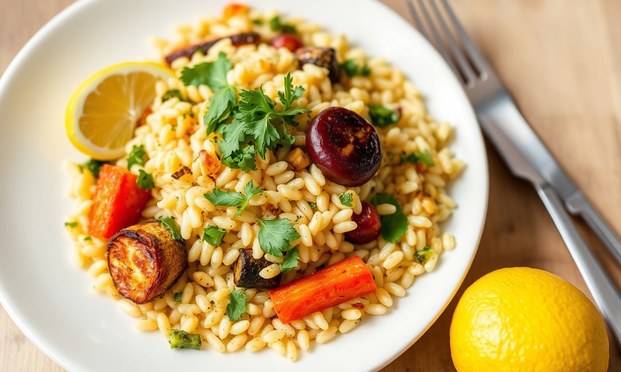Brighten plate with lemon herb orzo and roasted vegetables.