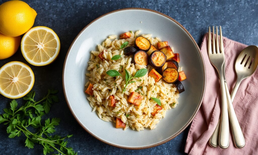 Brighten plate: Lemon herb orzo with roasted veggies for a fresh meal.