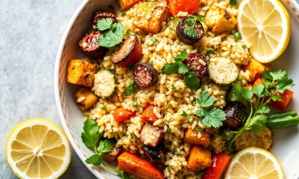 Brighten Plate: Lemon herb orzo with roasted veggies, a vibrant and flavorful dish.