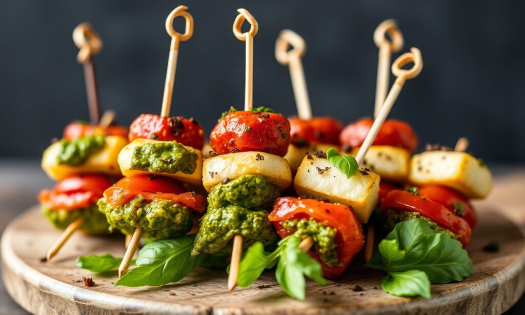 Irresistible pesto appetizer bite skewers.