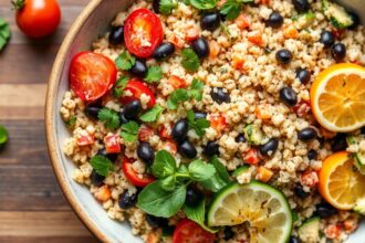 Brighten bowl: Vibrant vegan quinoa black bean salad with colorful vegetables.