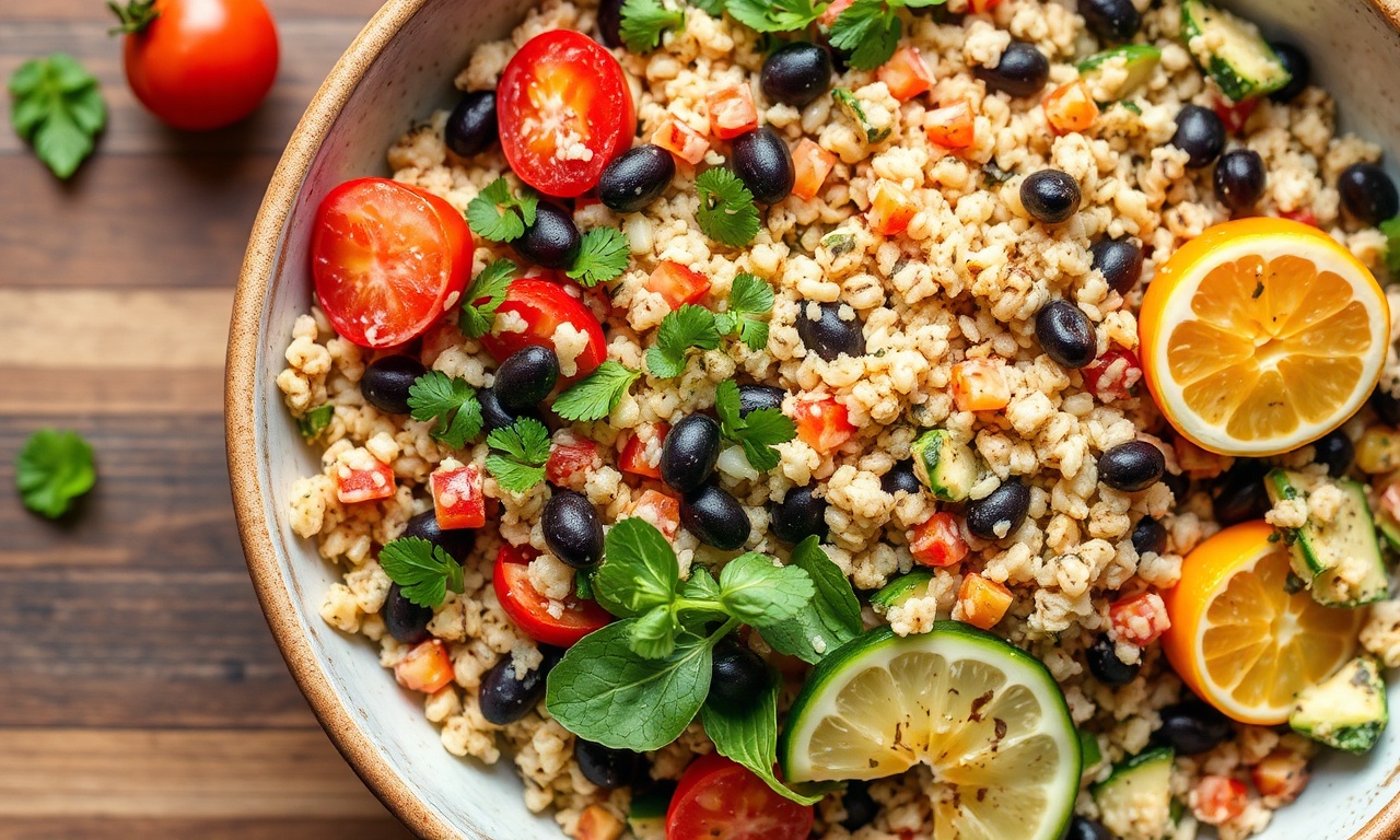 Brighten bowl: Vibrant vegan quinoa black bean salad with colorful vegetables.