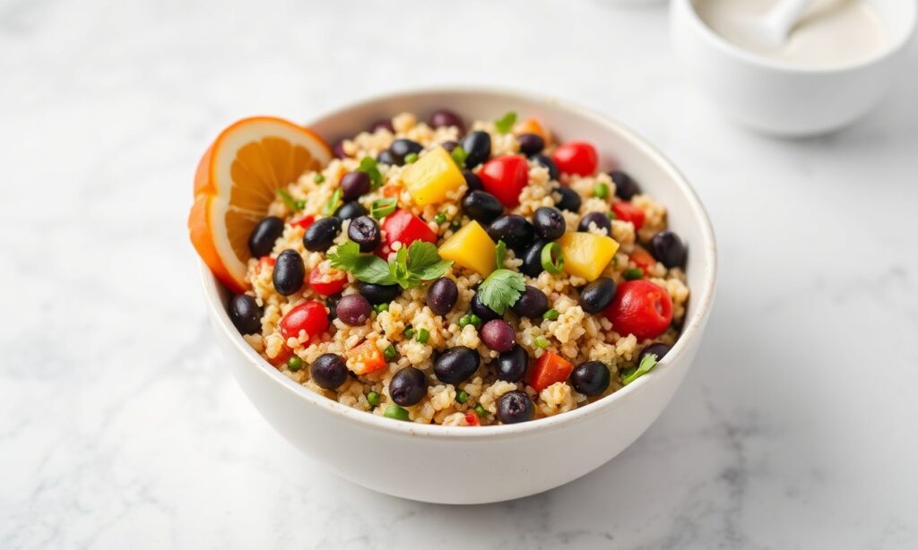 Brighten bowl: vibrant vegan quinoa black bean salad with fresh vegetables.
